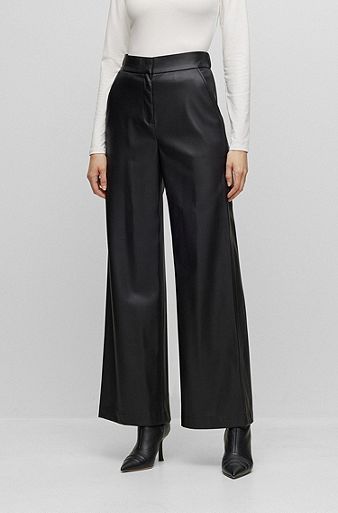 Relaxed-fit regular-rise trousers in faux leather, Black