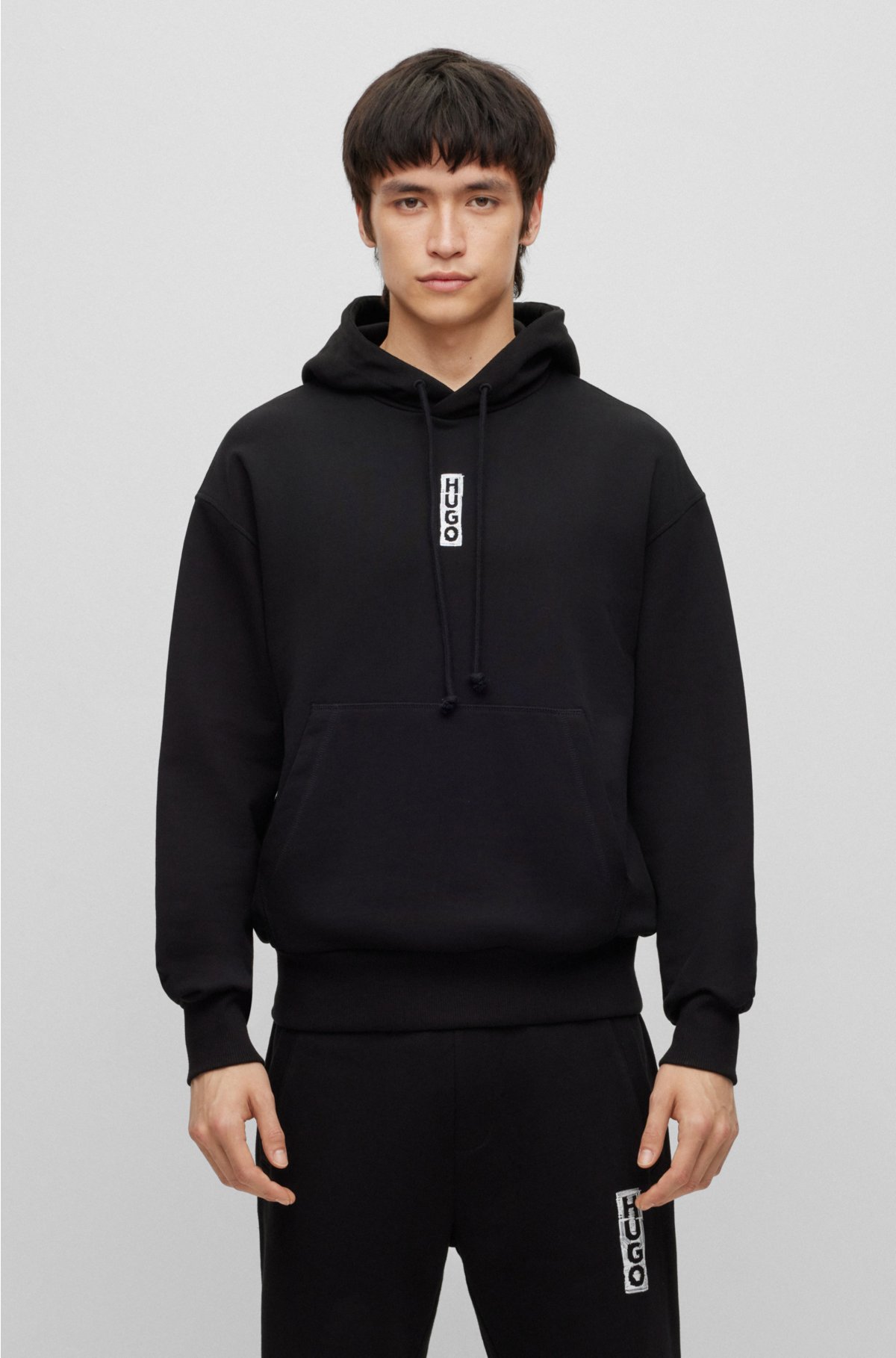 Relaxed-fit cotton hoodie with marker-inspired logos, Black