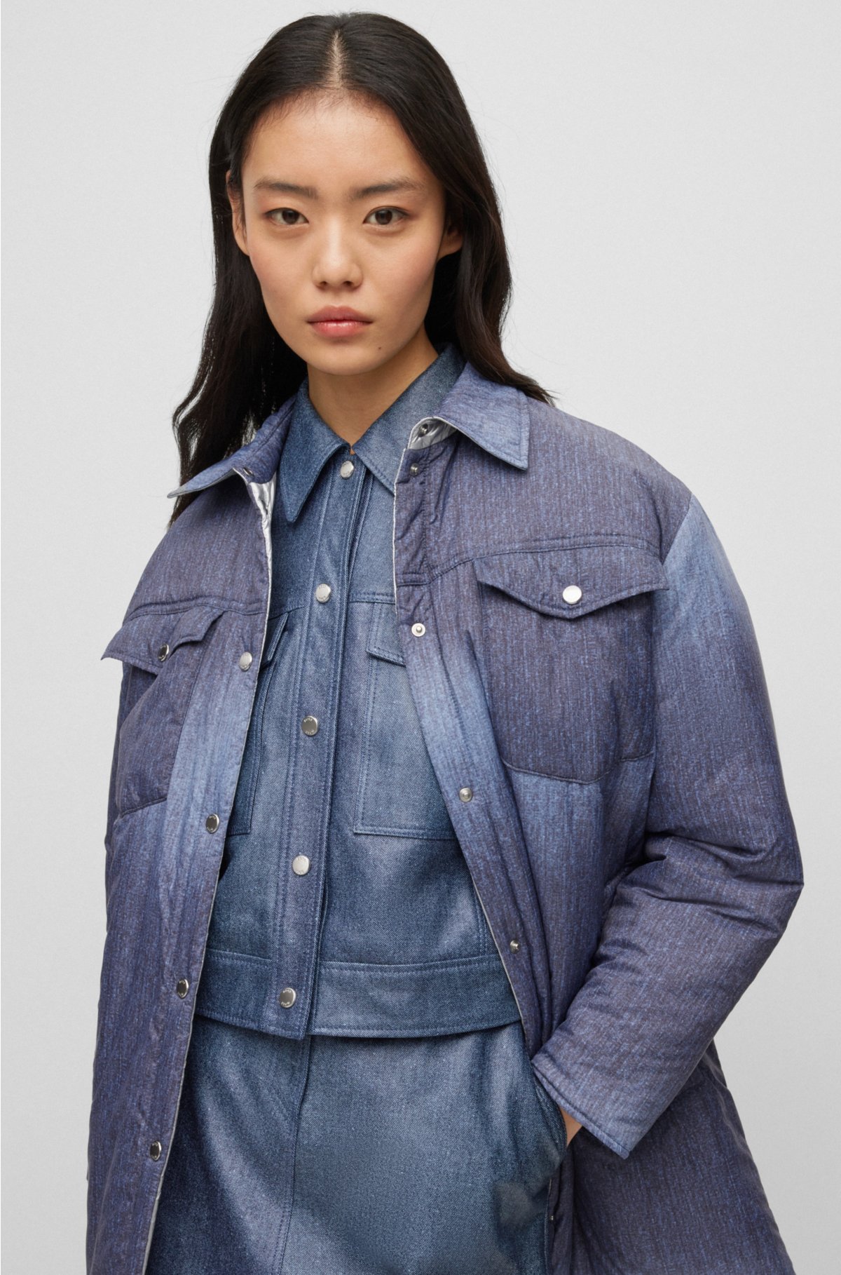 BOSS - Reversible padded jacket with denim and silver effects