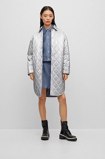 Reversible padded jacket with denim and silver effects, Patterned