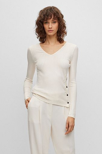 V-neck top in stretch fabric with side buttons, White