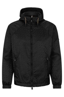 Hooded, nylon jacket with all-over jacquard monogram