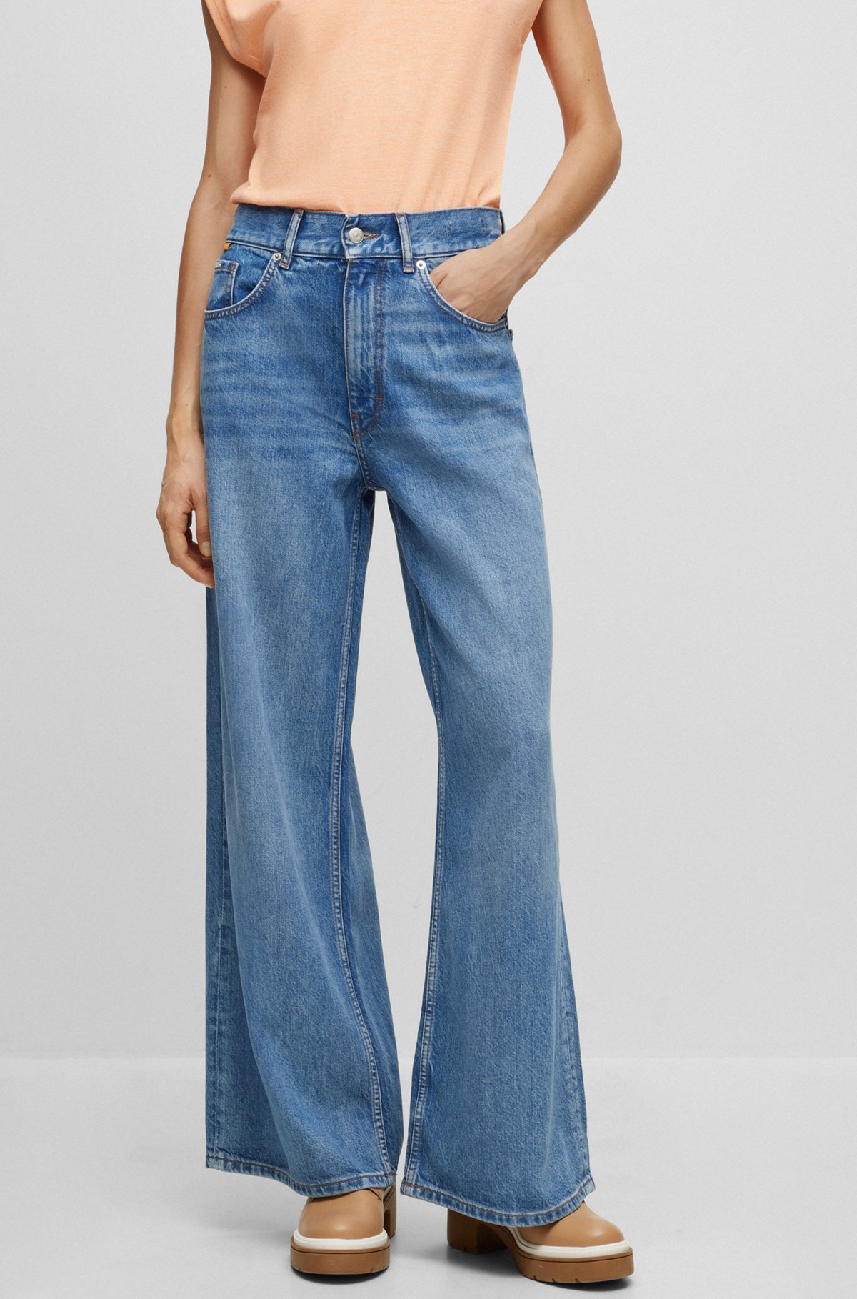 High-waisted wide-leg jeans in blue denim