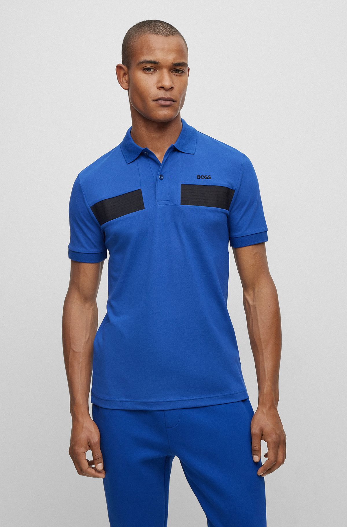 Cotton-blend slim-fit polo shirt with striped tape, Blue