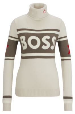 Shop Hugo Boss Boss X Perfect Moment Logo Sweater In Virgin Wool In Light Beige
