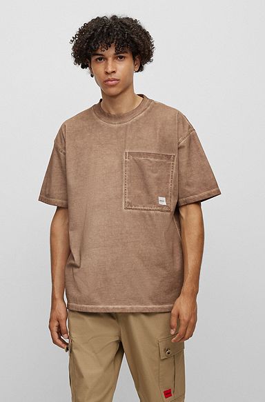 Cotton-jersey oversize-fit T-shirt with logo patch, Light Brown