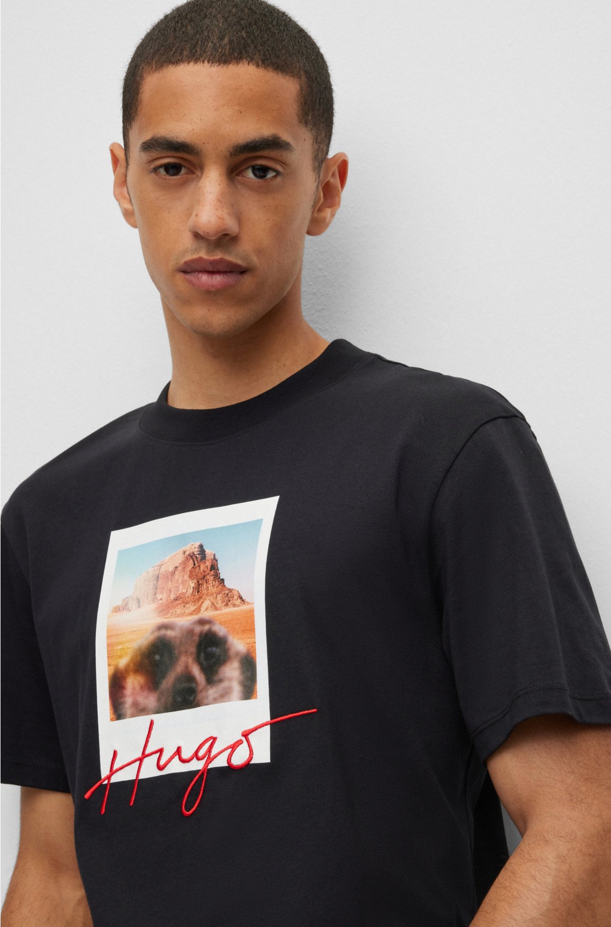HUGO - Cotton-jersey T-shirt print logo and animal with