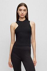 Mock-neck ribbed-knit top with asymmetric detail, Black