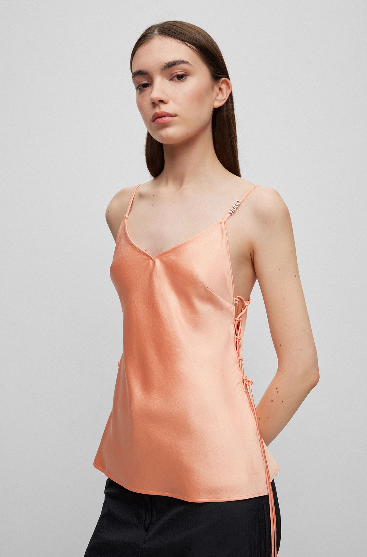 Strappy camisole in satin with side laces, Light Orange