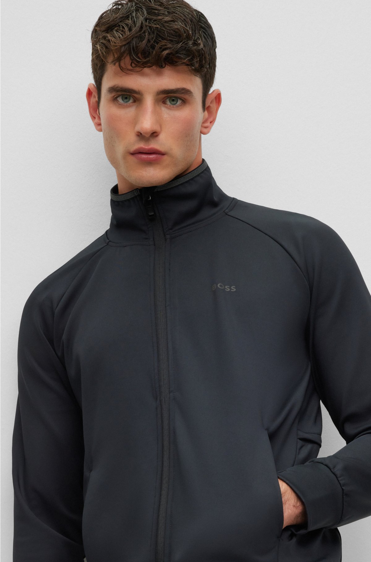 Zip-up sweatshirt in active-stretch fabric, Black