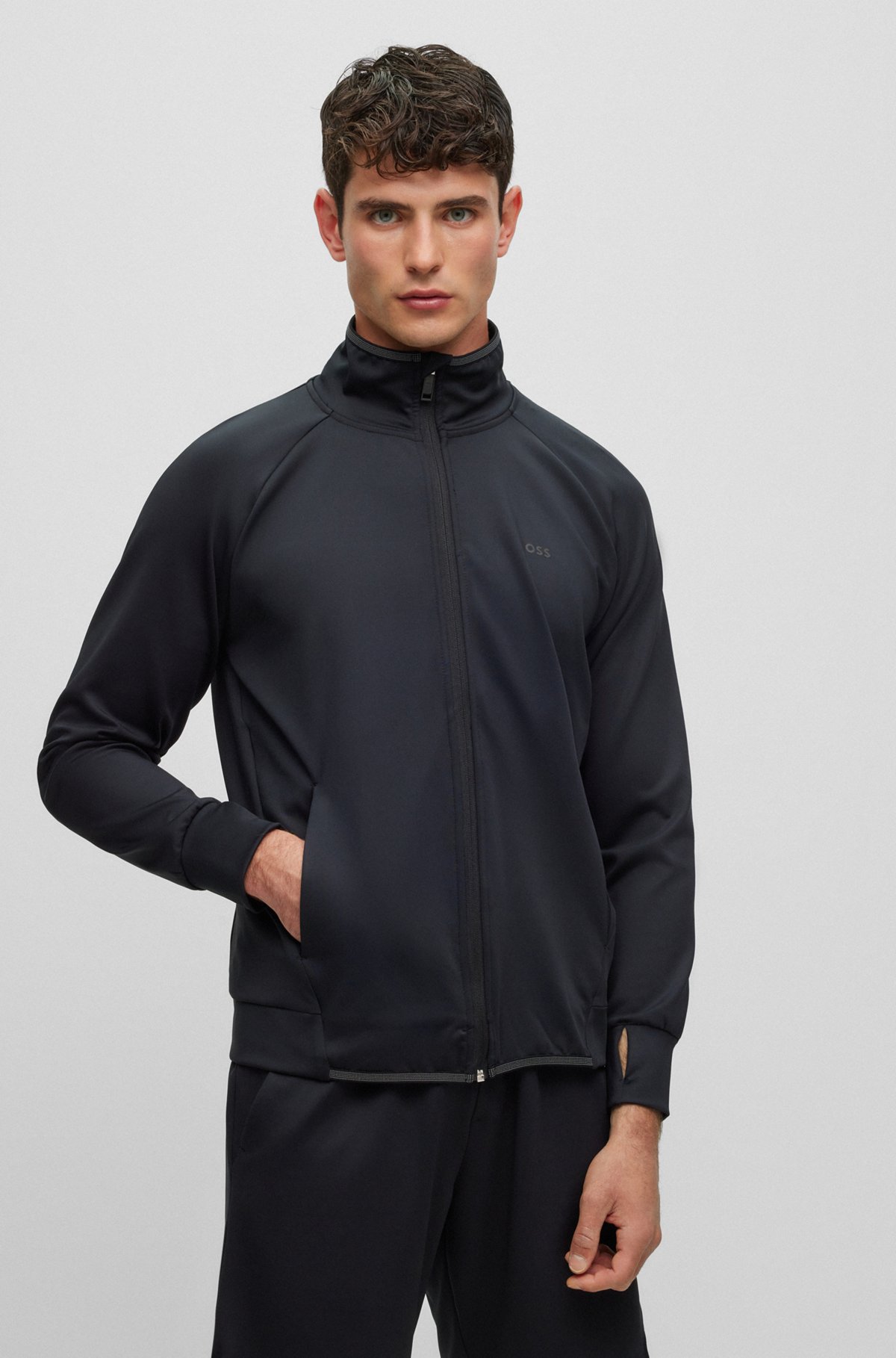 BOSS - Zip-up sweatshirt in active-stretch fabric - Black BOSS - Zip-up sweatshirt in active-stretch fabric - Black