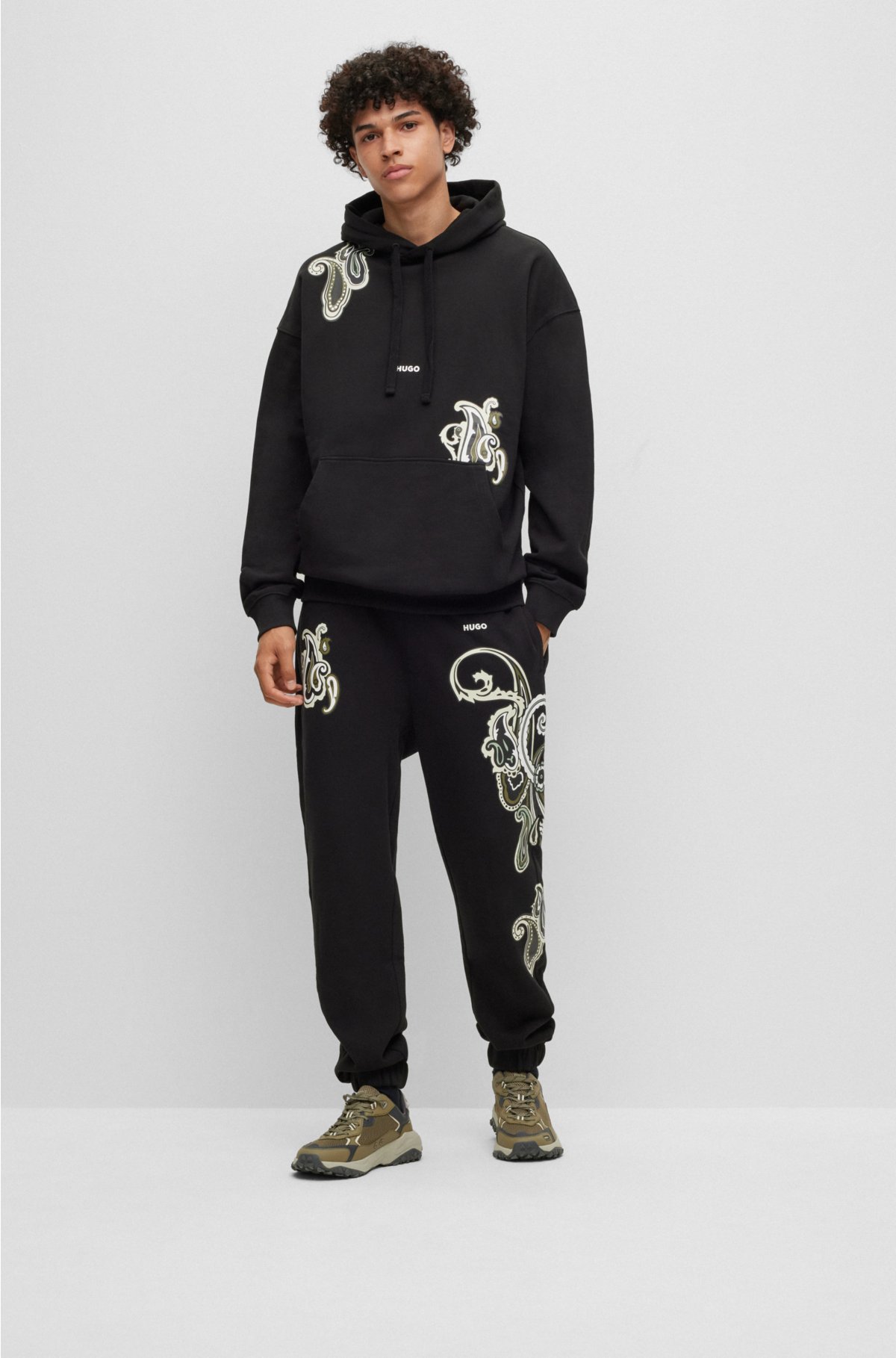 Relaxed-fit cotton hoodie with paisley motifs, Black