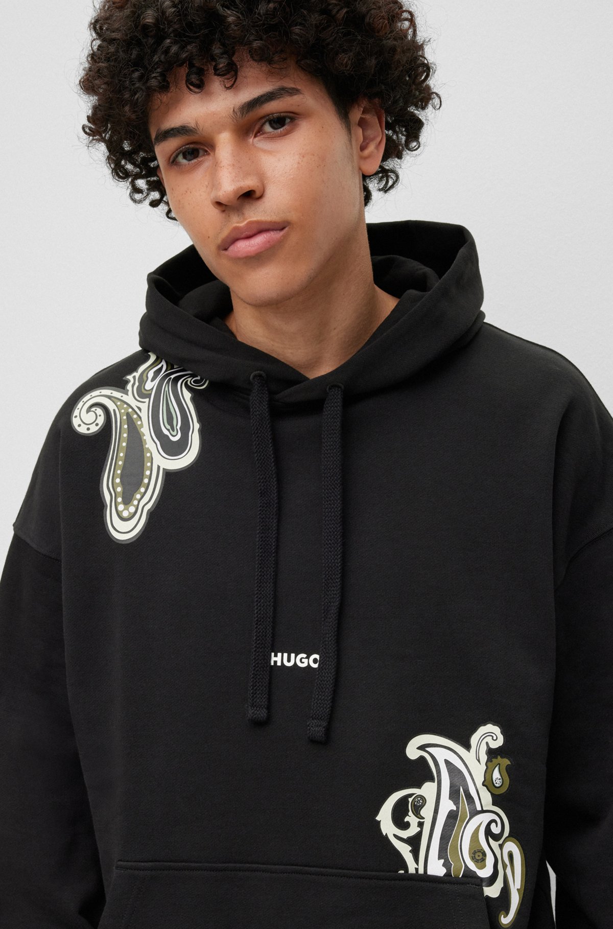 HUGO - Relaxed-fit cotton hoodie with paisley motifs