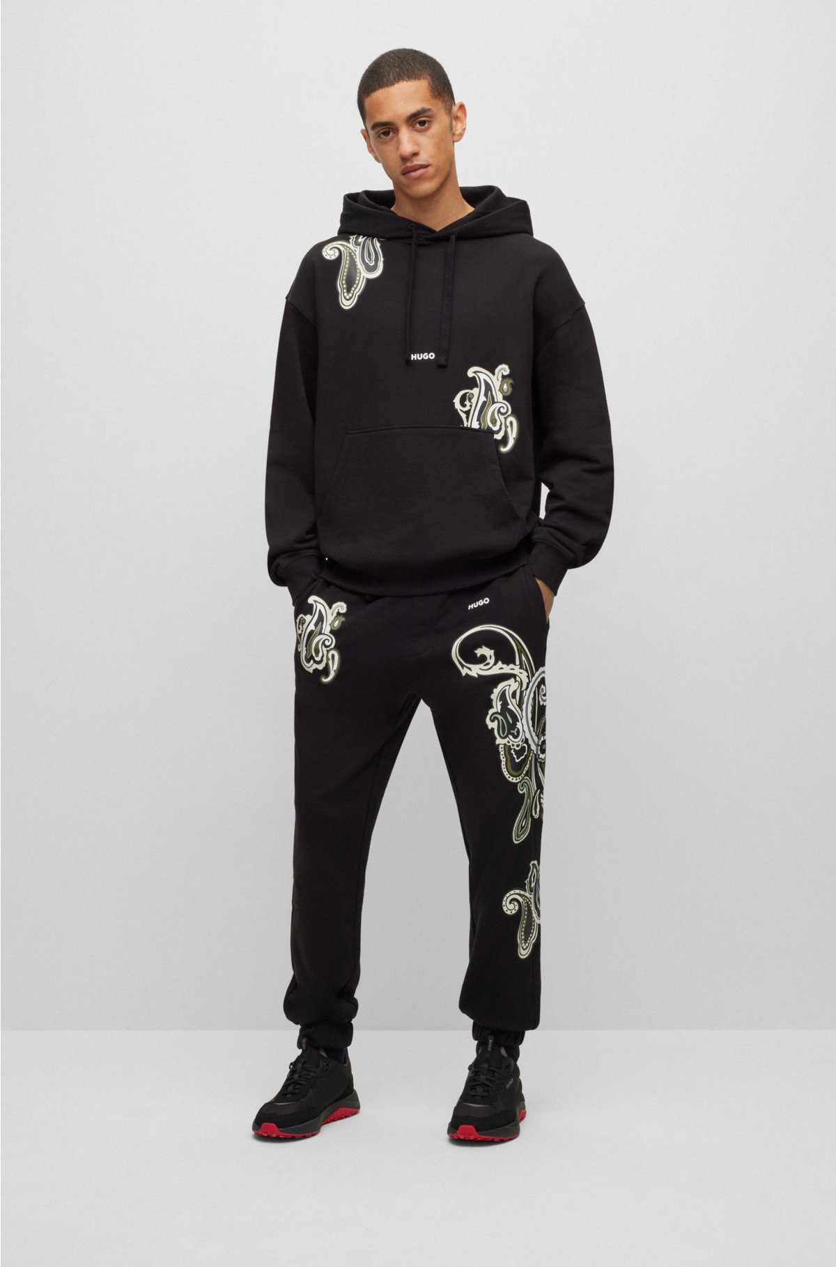 Cotton-terry tracksuit bottoms with paisley motif, Black