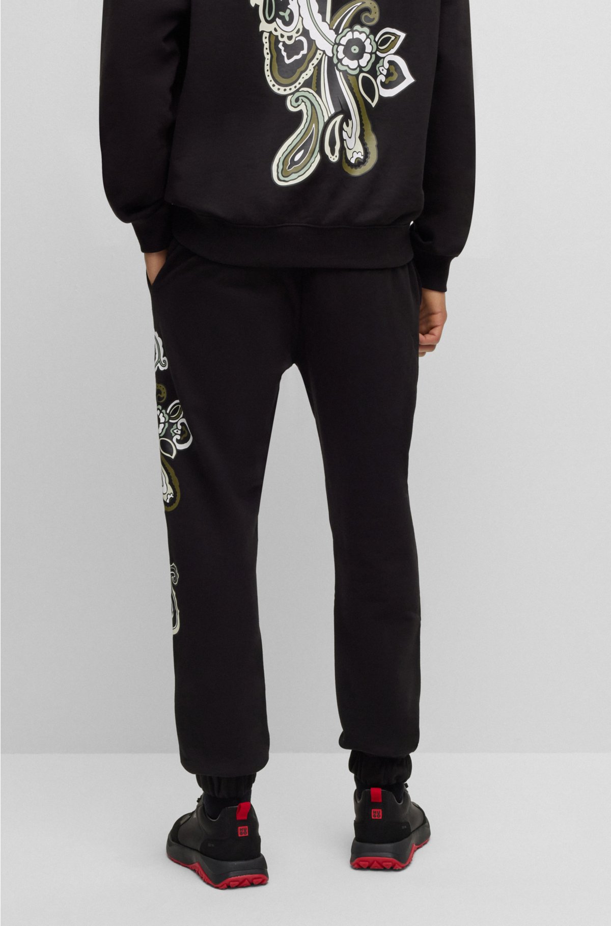 Cotton-terry tracksuit bottoms with paisley motif, Black