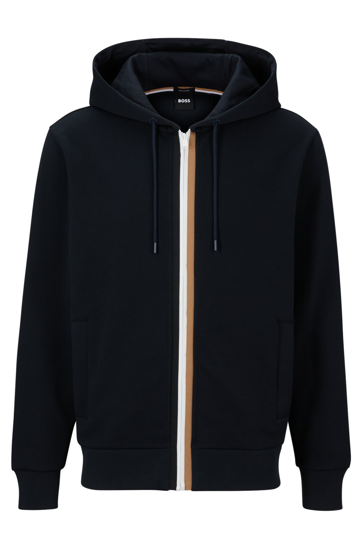 Cotton-blend hoodie with signature-stripe zip front, Dark Blue