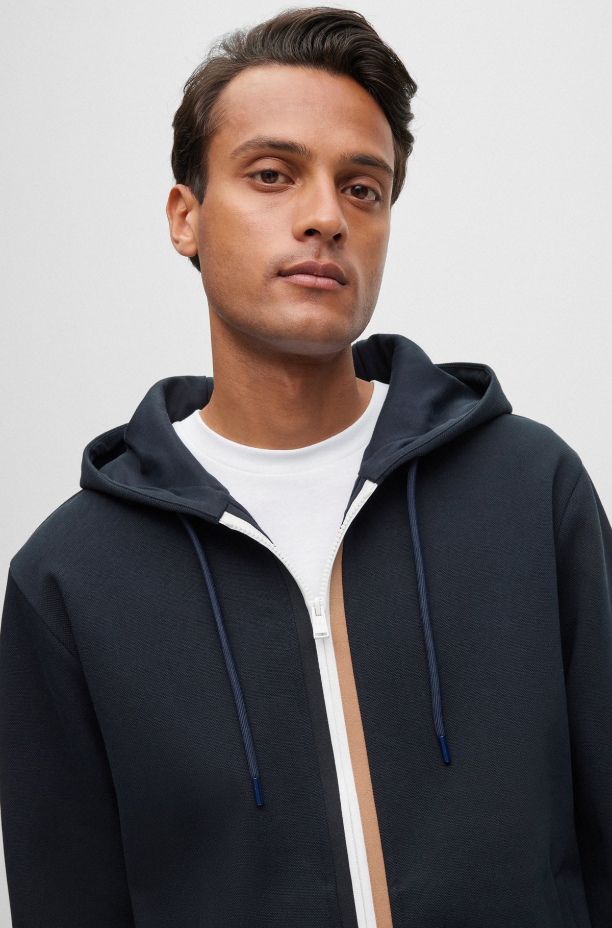 BOSS - Cotton-blend hoodie with signature-stripe zip front