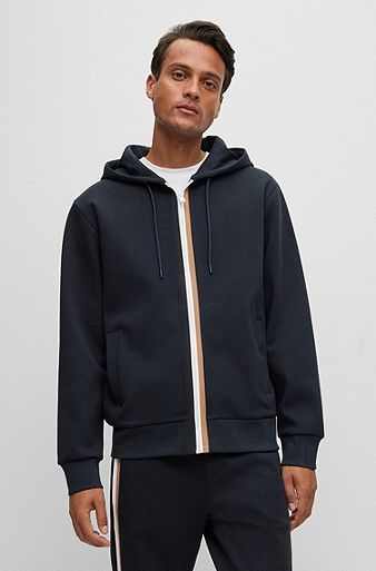 Cotton-blend hoodie with signature-stripe zip front, Dark Blue