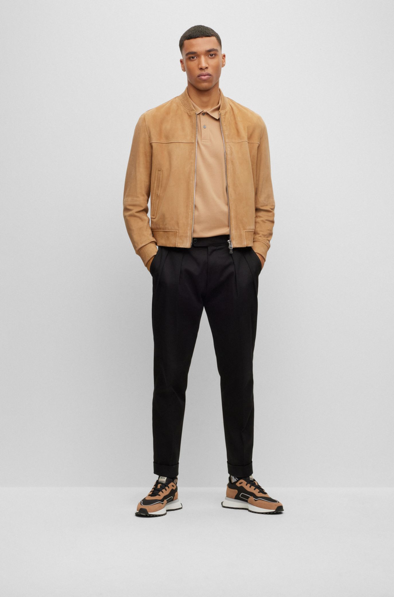 BOSS Ribbed Edging Suede Jacket in Brown for Men