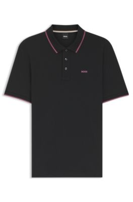 Polo en piqu&eacute; de coton avec liser&eacute;s contrastants, Noir