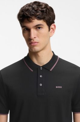 Cotton-piqu&eacute; polo shirt with contrast tipping, Black