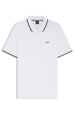 Polo en piqu&eacute; de coton avec liser&eacute;s contrastants, Blanc