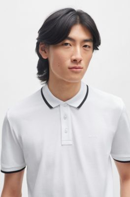 Polo en piqu&eacute; de coton avec liser&eacute;s contrastants, Blanc
