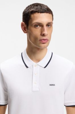 Polo en piqu&eacute; de coton avec liser&eacute;s contrastants, Blanc