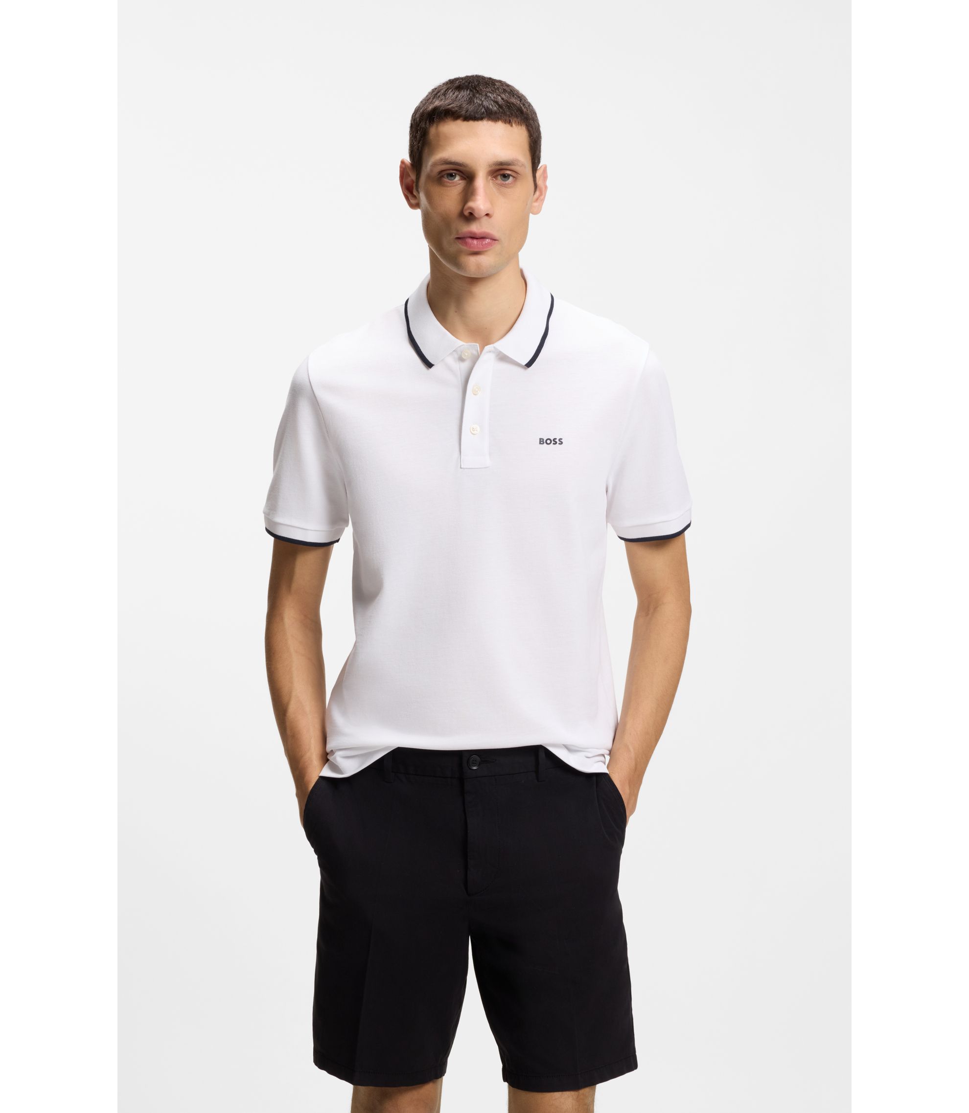 BOSS - Cotton-piqué polo shirt with contrast tipping - White