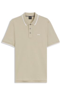 Polo en piqu&eacute; de coton avec liser&eacute;s contrastants, Beige clair