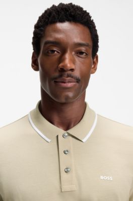Polo en piqu&eacute; de coton avec liser&eacute;s contrastants, Beige clair