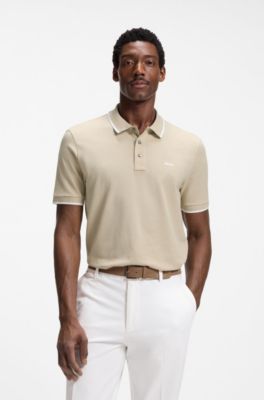Polo en piqu&eacute; de coton avec liser&eacute;s contrastants, Beige clair