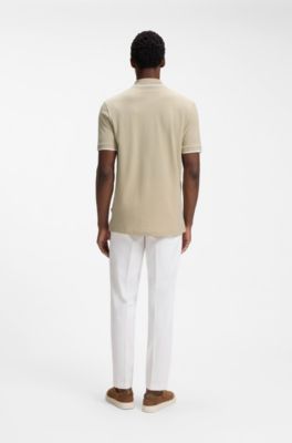 Polo en piqu&eacute; de coton avec liser&eacute;s contrastants, Beige clair