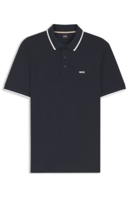 Cotton-piqu&eacute; polo shirt with contrast tipping, Dark Blue