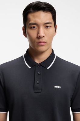 Cotton-piqu&eacute; polo shirt with contrast tipping, Dark Blue