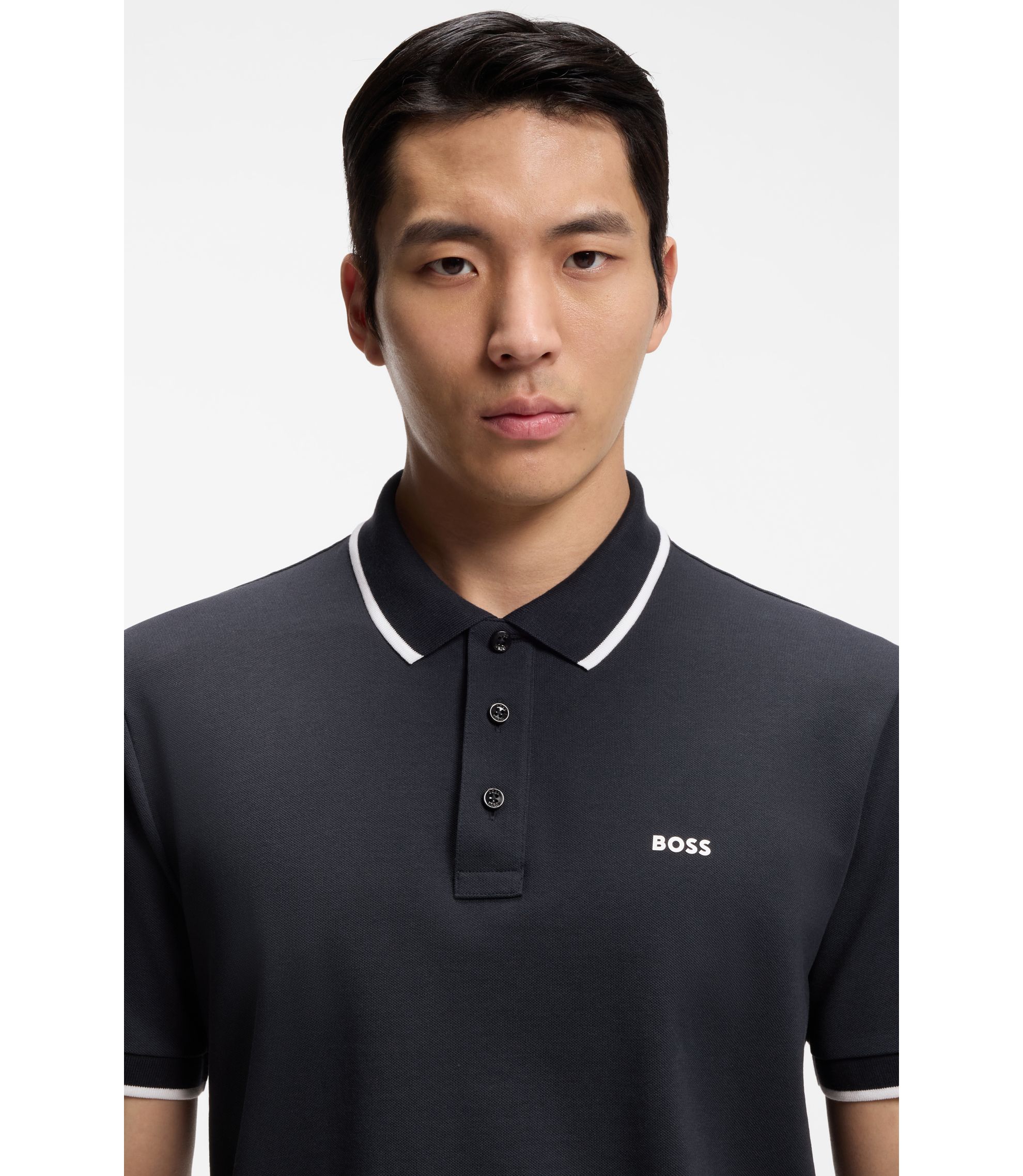 BOSS - Cotton-piqué polo shirt with contrast tipping - Dark Blue