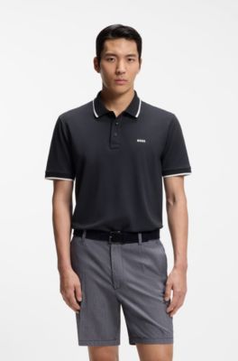 Polo en piqu&eacute; de coton avec liser&eacute;s contrastants, Bleu fonc&eacute;