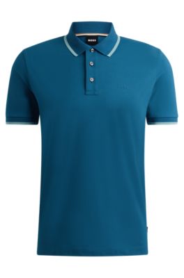 Hugo Boss Cotton-piqu Polo Shirt With Rubber-print Logo In Light Blue