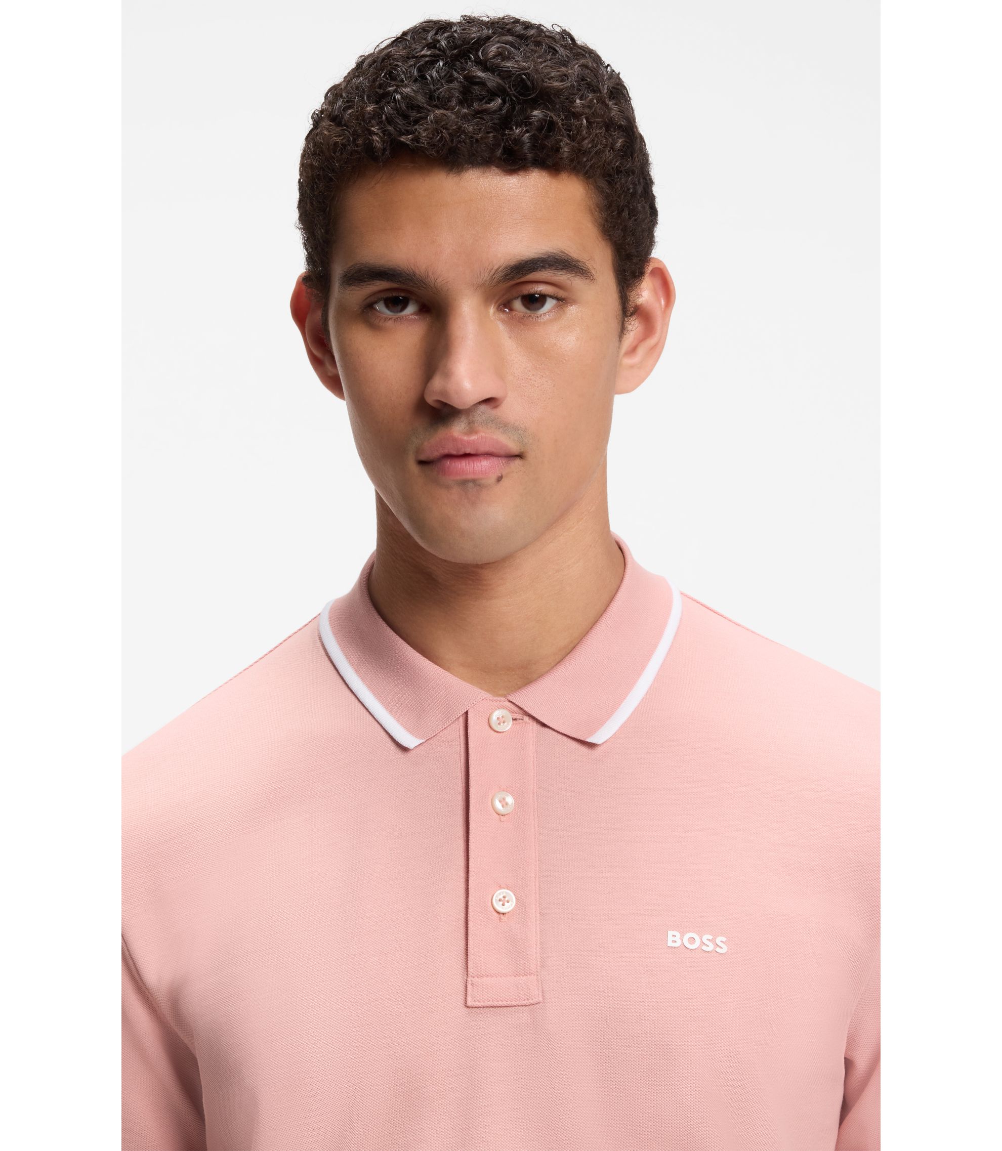 BOSS - Cotton-piqué polo shirt with contrast tipping - Pink