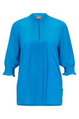 Shop Hugo Boss Regular-fit Blouse In Pure Silk With Pleat Front In Blue