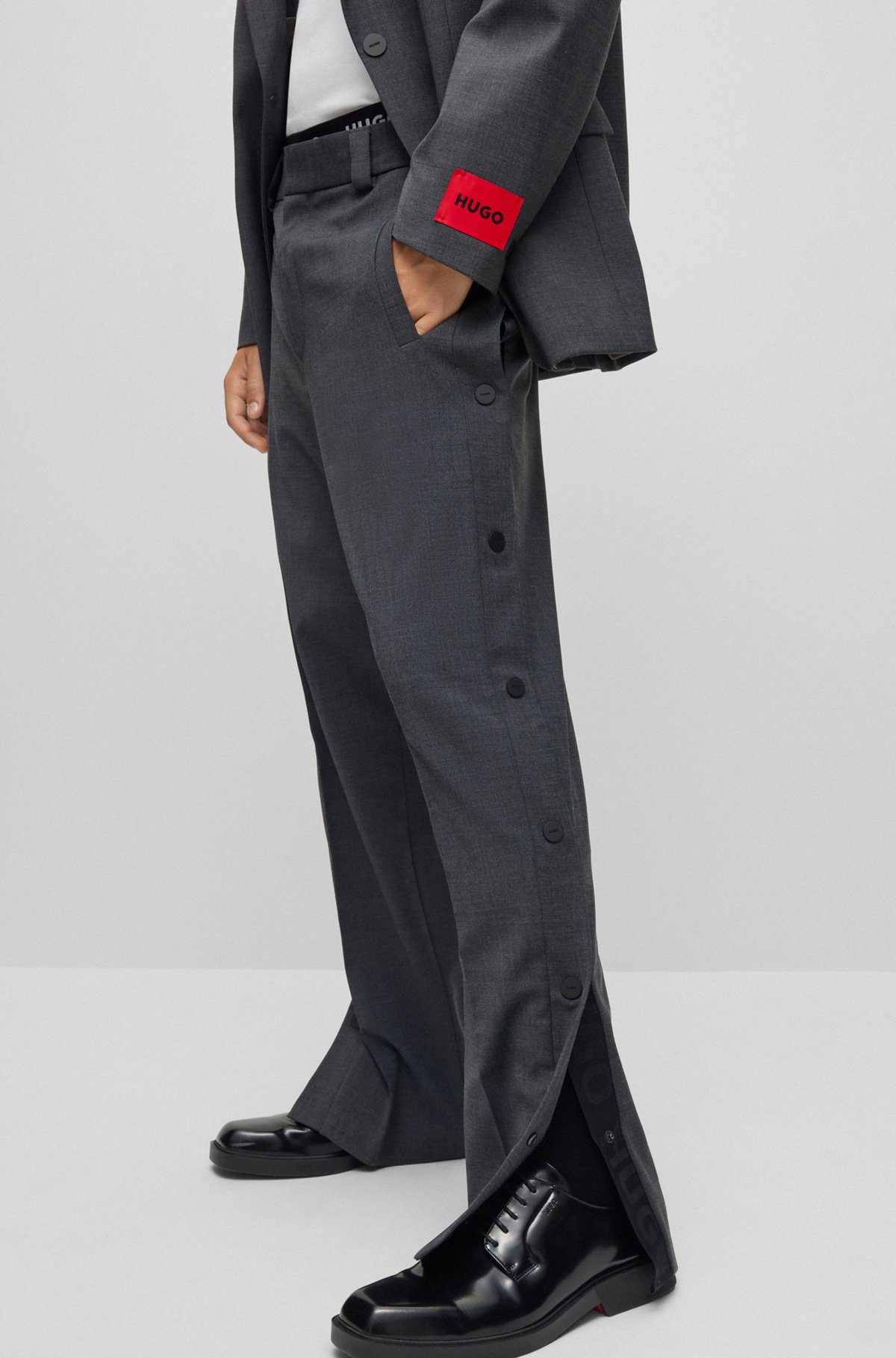 HUGO - Slim-fit trousers with press-stud side seams - Dark Grey HUGO - Slim-fit trousers with press-stud side seams - Dark Grey