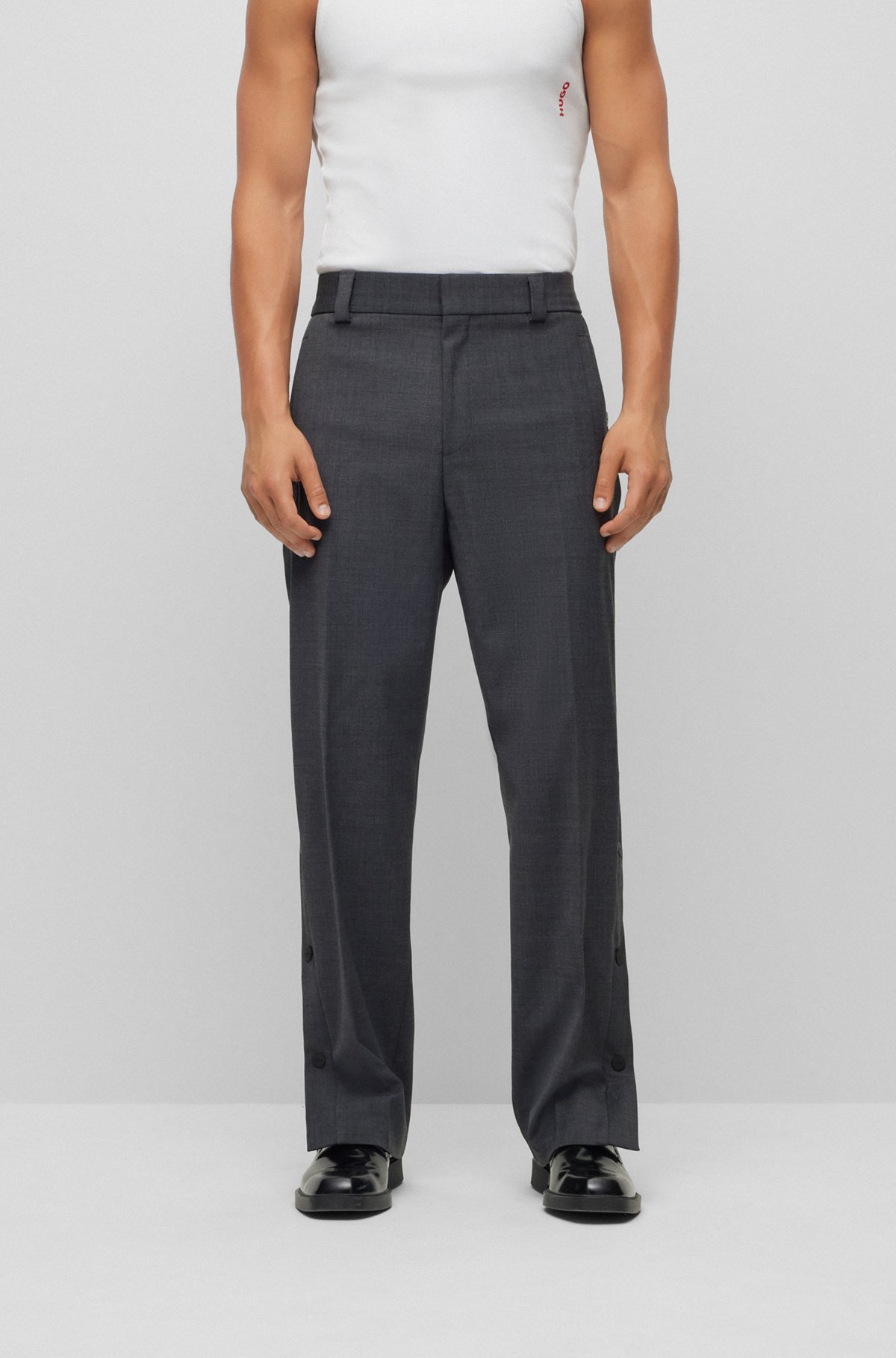 HUGO - Slim-fit trousers with press-stud side seams - Dark Grey HUGO - Slim-fit trousers with press-stud side seams - Dark Grey