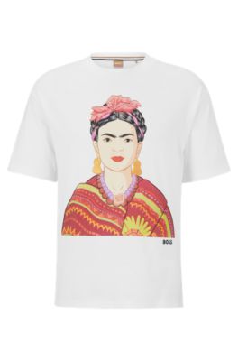 Shop Hugo Boss Relaxed-fit Cotton T-shirt With Frida Kahlo Graphic In White