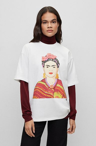 Camiseta relaxed fit en algodón con gráfico de Frida Kahlo, Blanco