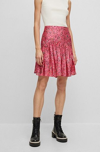 Flounce-hem mini skirt with floral print, Patterned