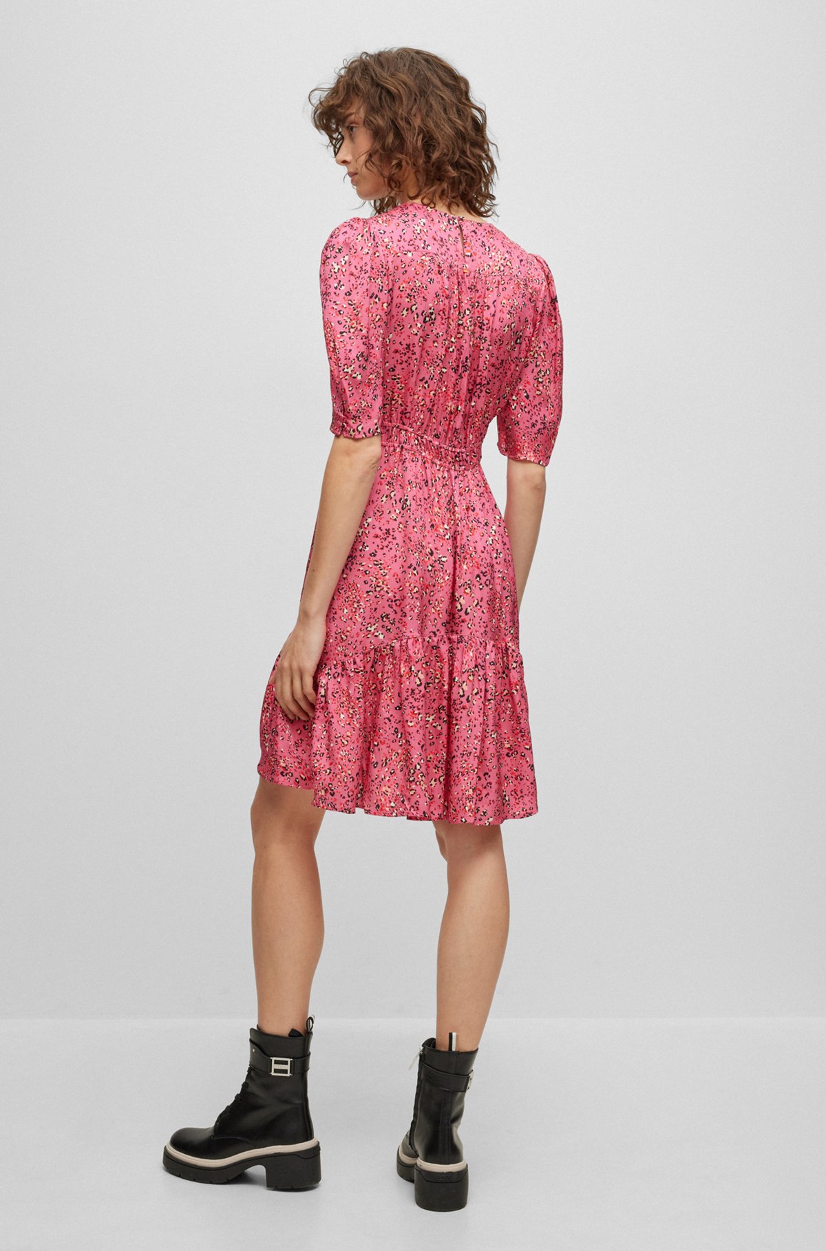Puff-sleeve regular-fit dress with floral print, Patterned