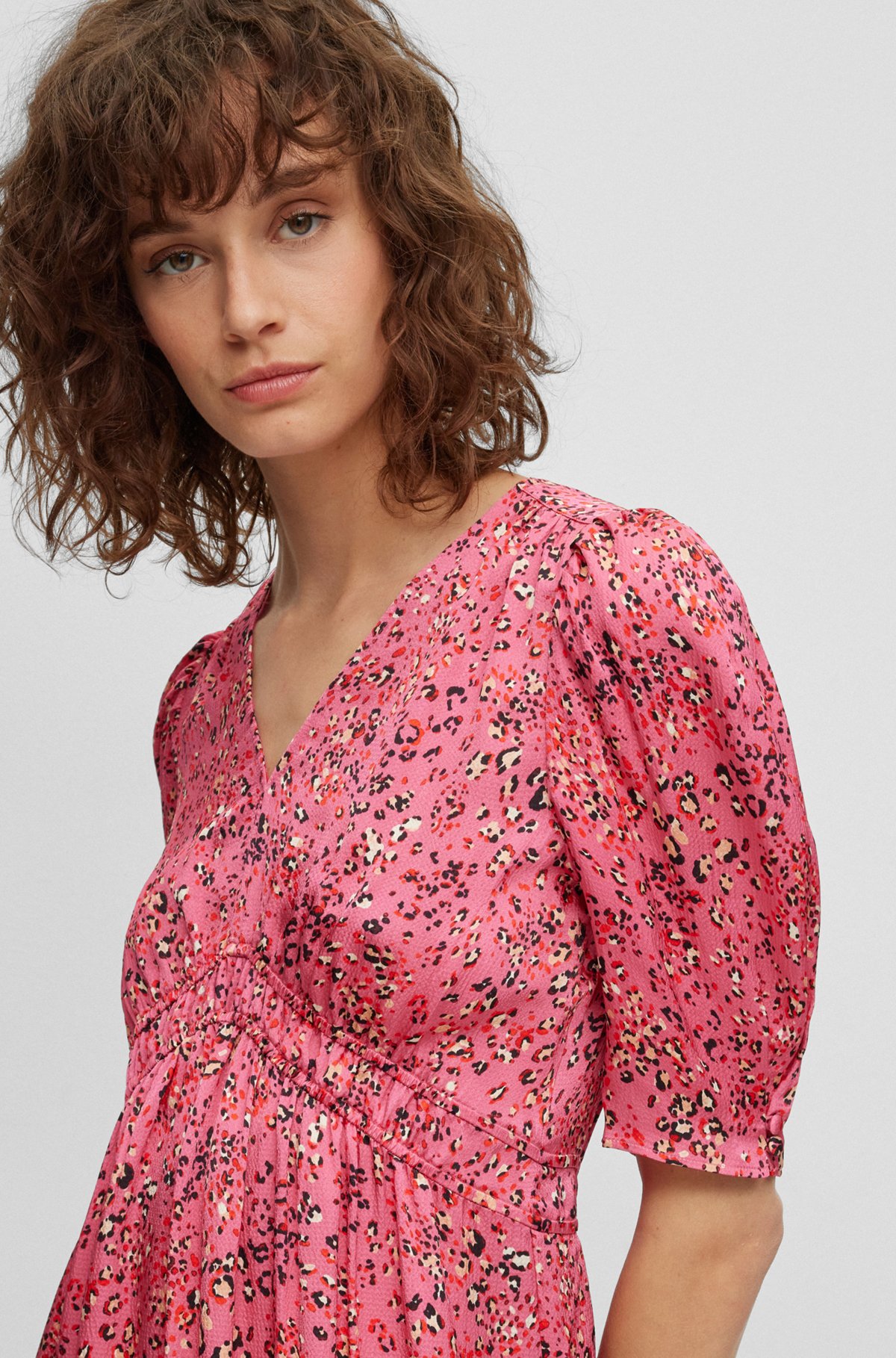 Puff-sleeve regular-fit dress with floral print, Patterned