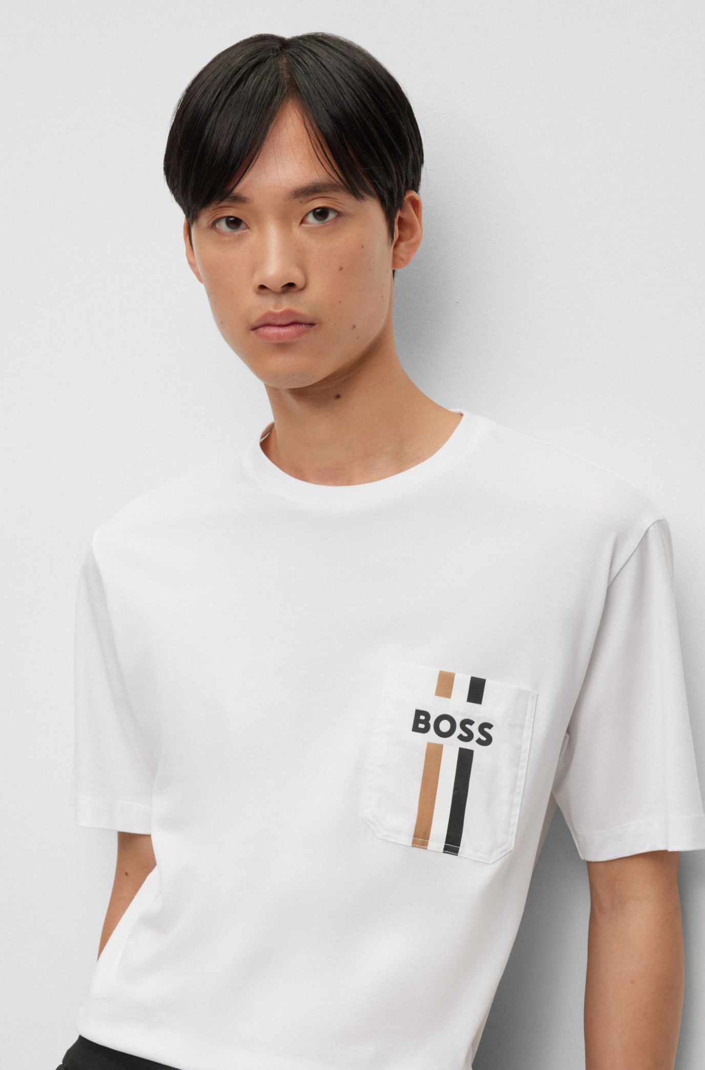 BOSS - Cotton-jersey T-shirt with signature-stripe logo print