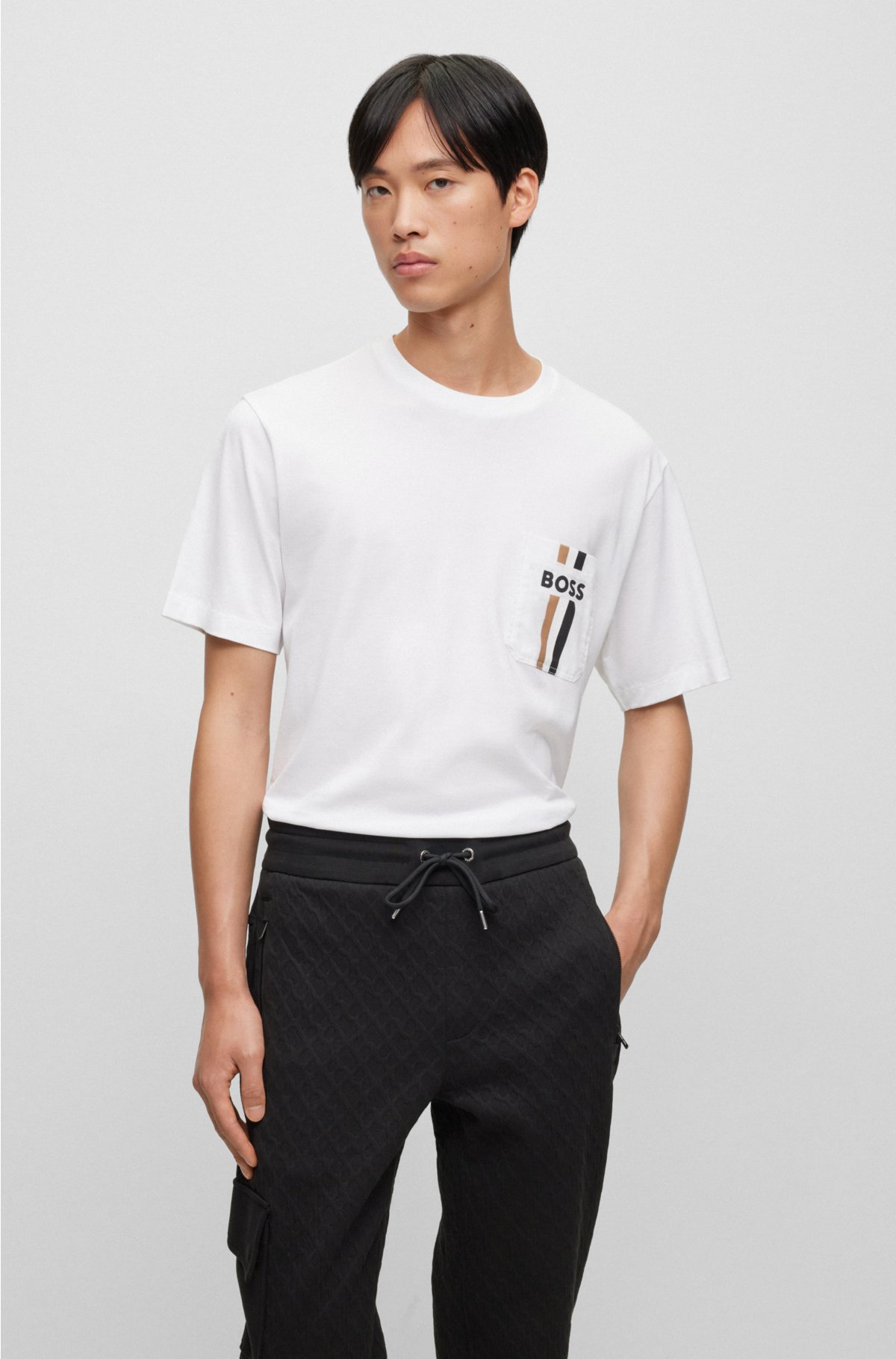 BOSS - Silk-cotton slim-fit T-shirt with fineline stripes