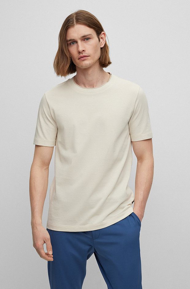 Camiseta slim fit de algodón estructurado con cuello doble, Blanco